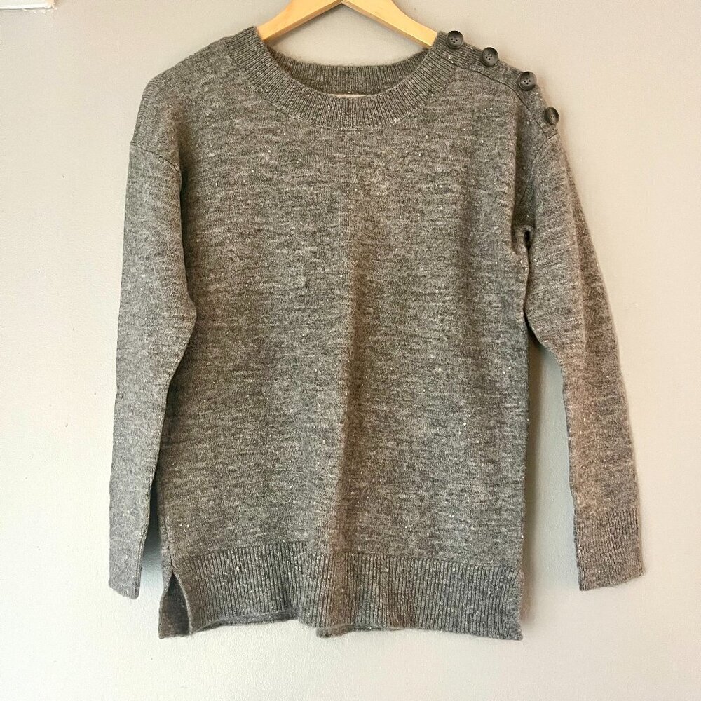 Loft Heathered Gray Button Shoulder Pullover Sweater Petite XS